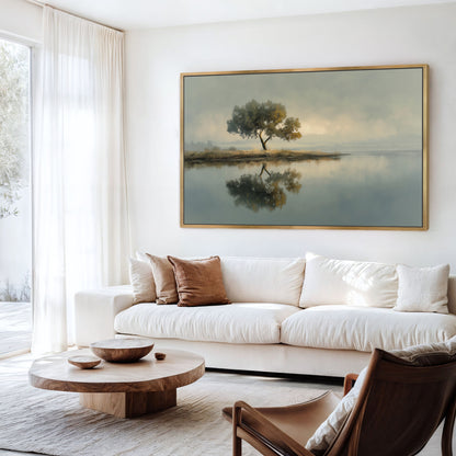 Large neutral nature reflection canvas print styled in modern living room
