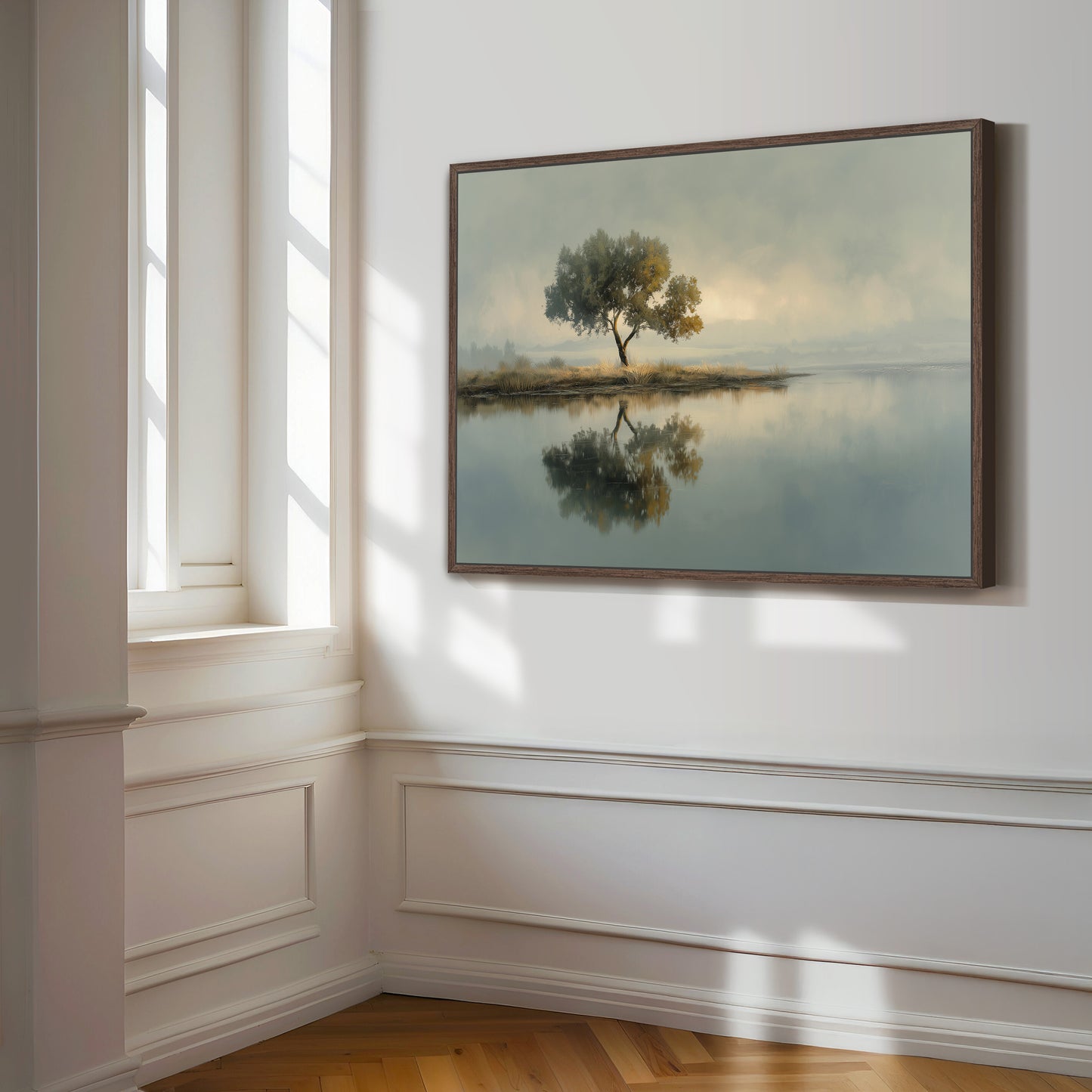 Tree lake reflection canvas print in espresso frame on corner wall
