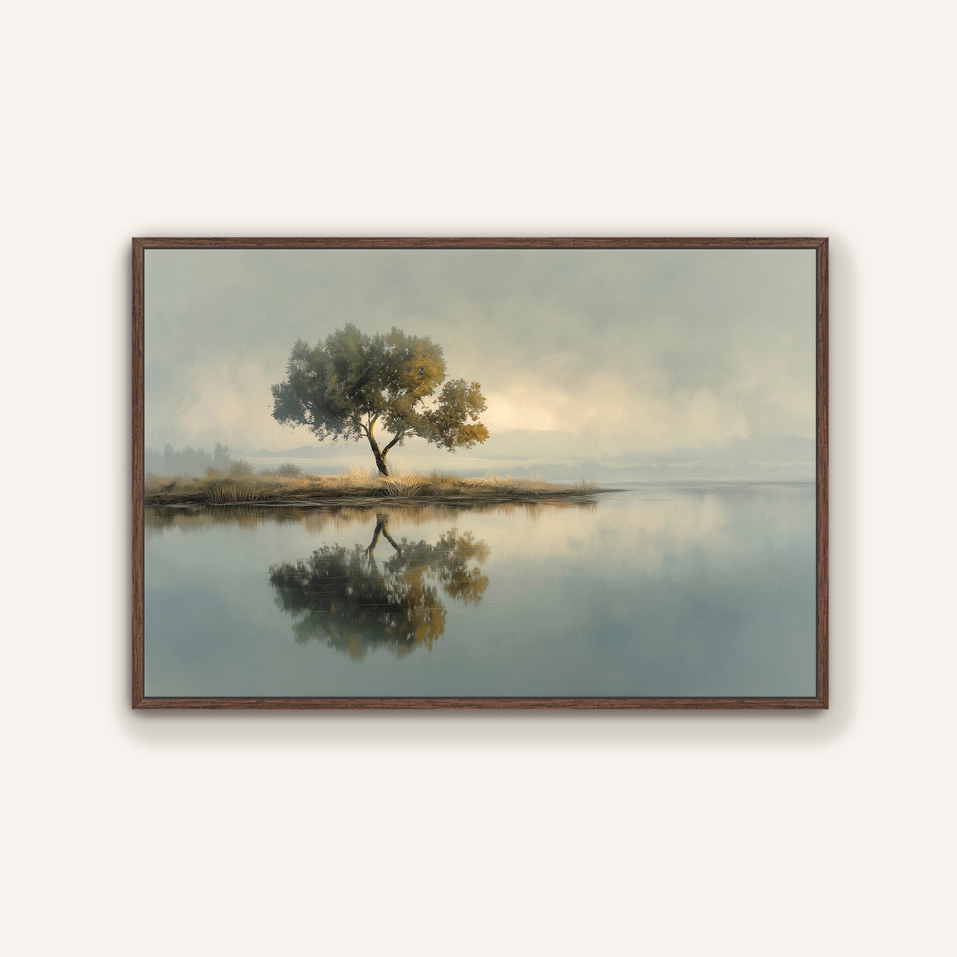 Calm nature reflection canvas print in espresso wood frame