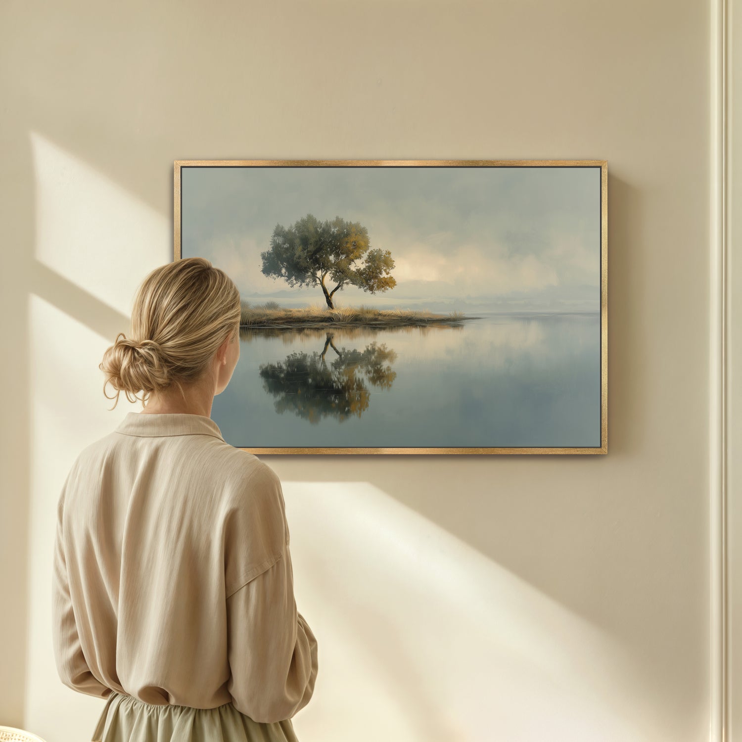 Lake Reflection canvas wall art displayed in neutral gallery-style room