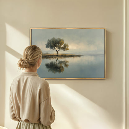 Lake Reflection canvas wall art displayed in neutral gallery-style room