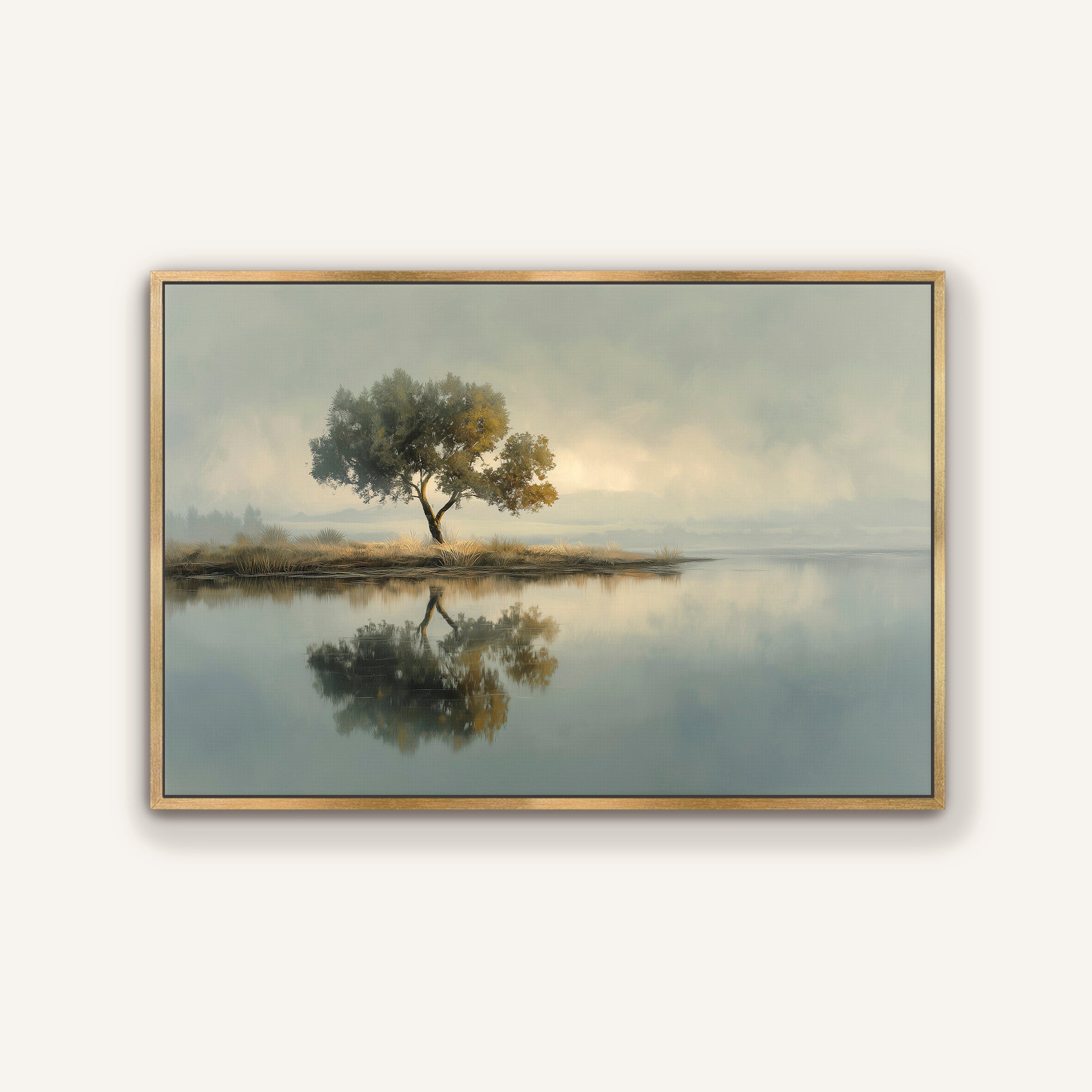 Calm landscape reflection canvas print with elegant gold floating frame