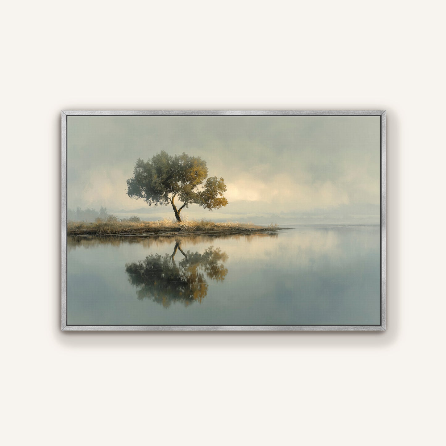 Still Water Reflection tree landscape canvas wall art in silver frame