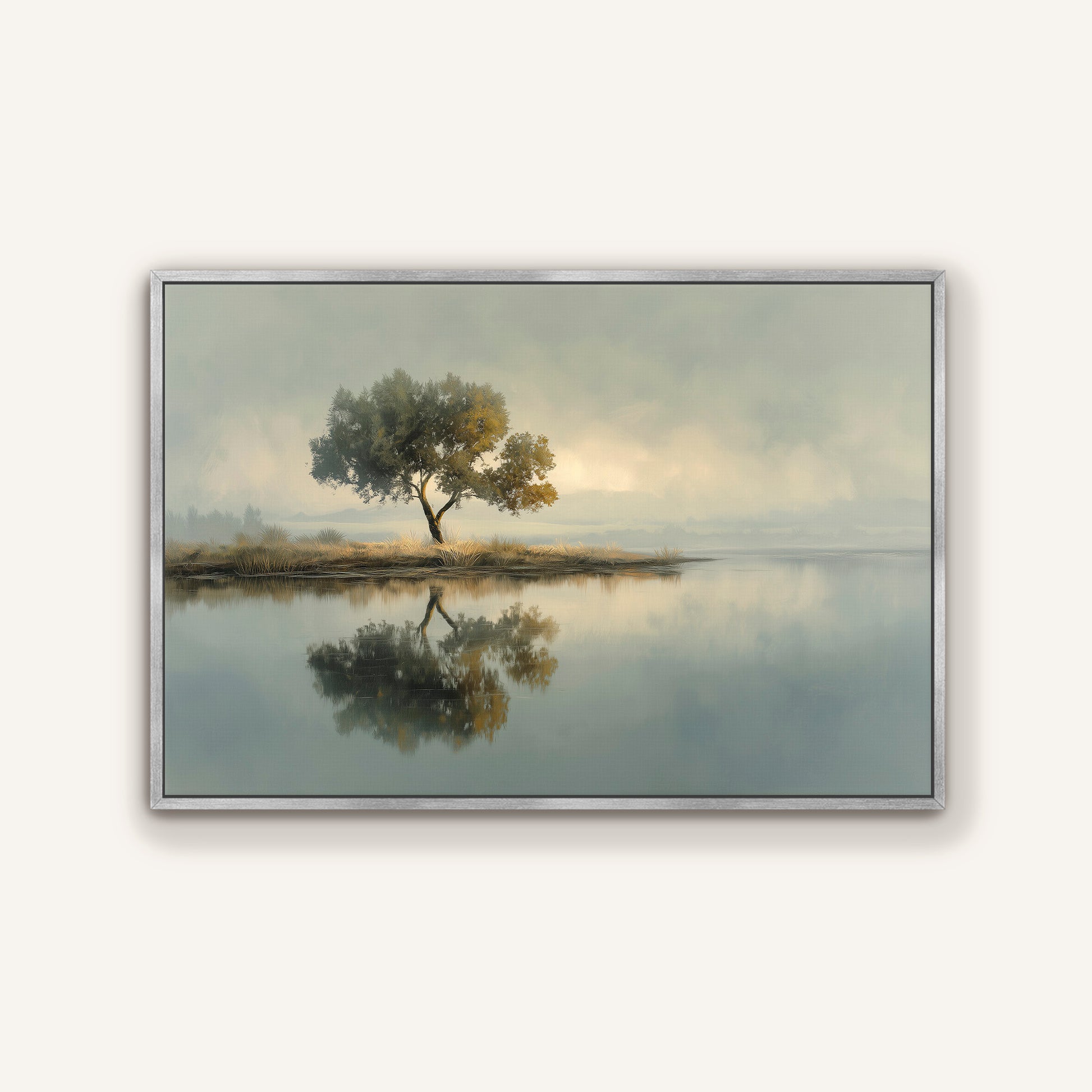 Still Water Reflection tree landscape canvas wall art in silver frame