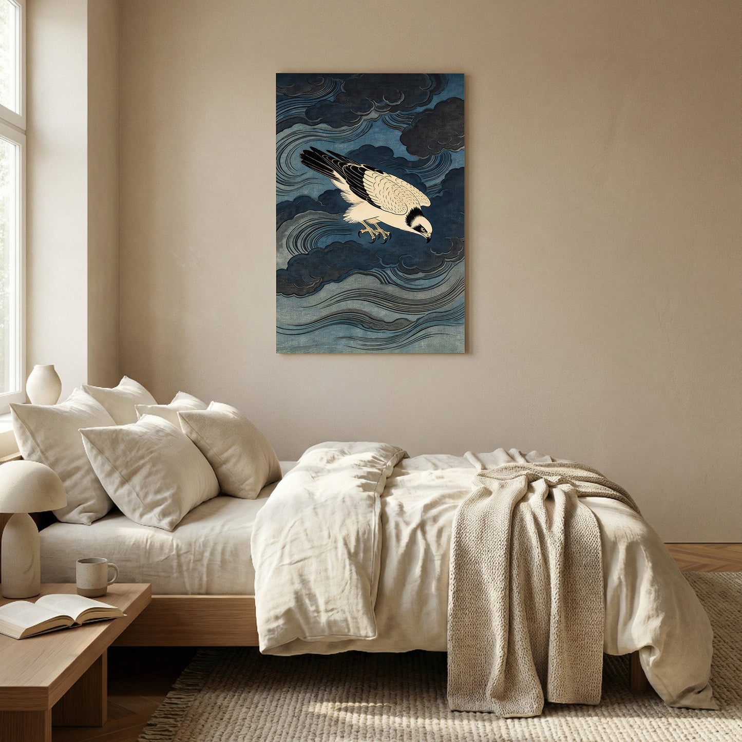 Storm Osprey Japanese ukiyo-e bird wall art above bed in neutral bedroom