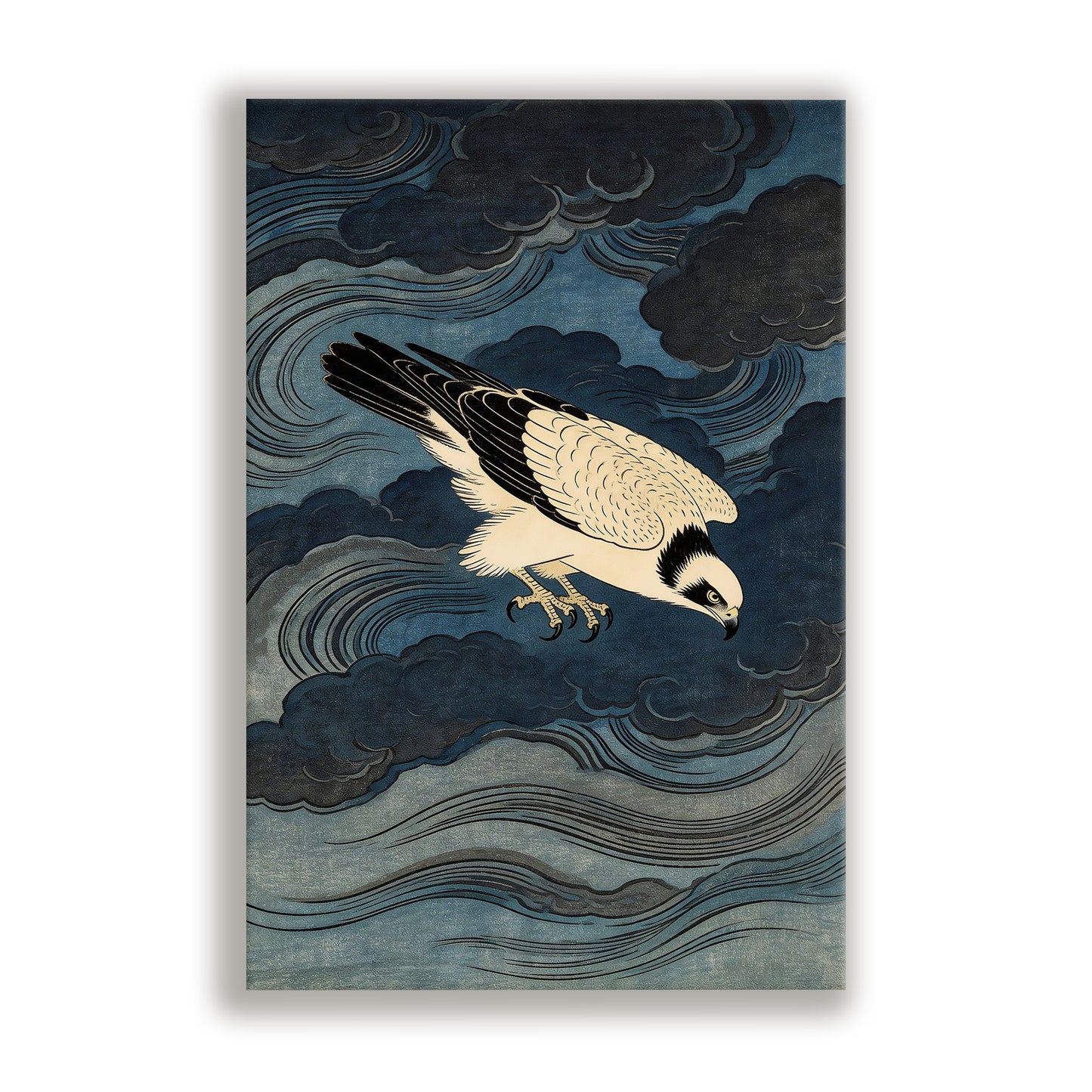 Close up of Storm Osprey Japanese ukiyo-e style bird artwork with storm clouds