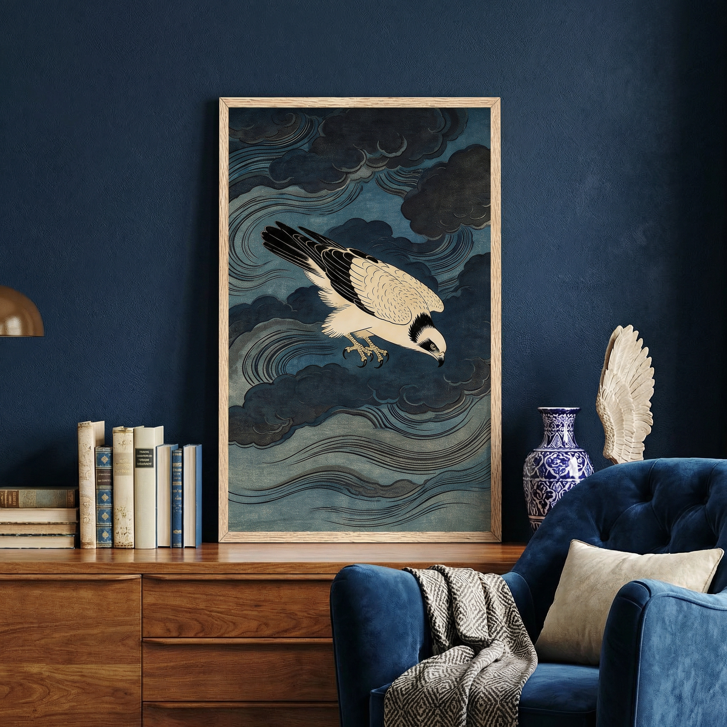 Storm Osprey framed Japanese woodblock style osprey print leaning on wall decor