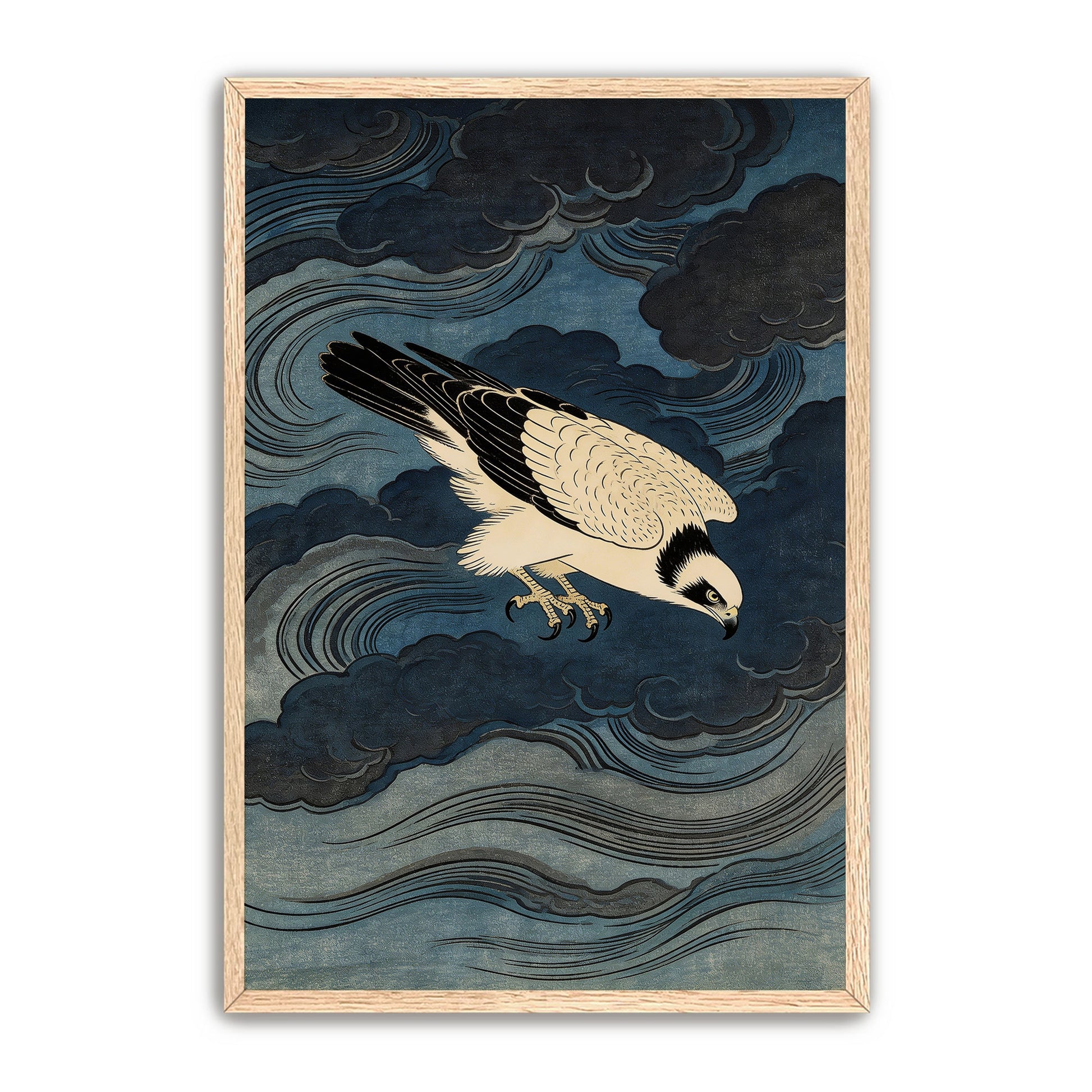 Storm Osprey Japanese woodblock style osprey print in natural wood frame