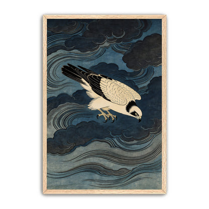 Storm Osprey Japanese woodblock style osprey print in natural wood frame