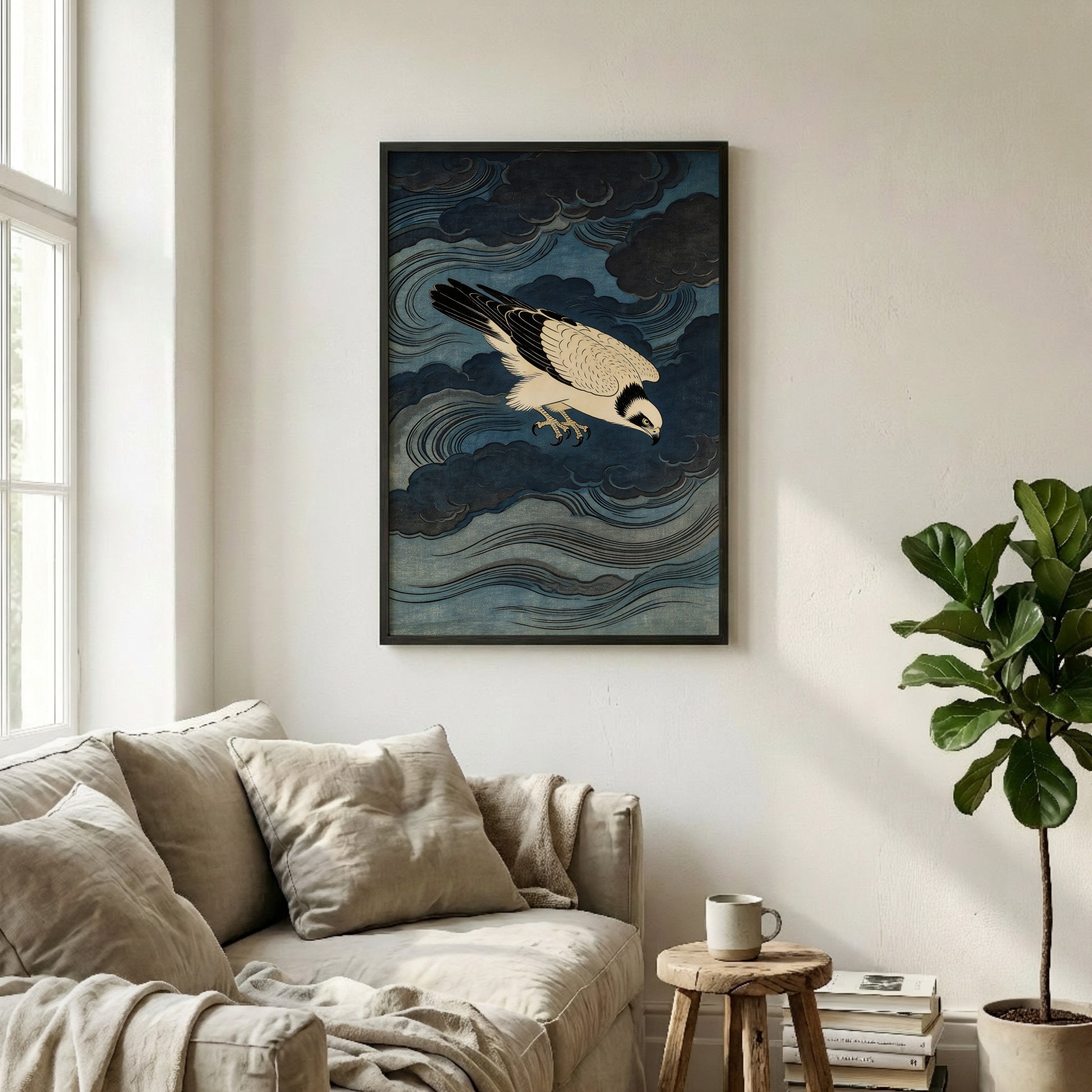 Storm Osprey ukiyo-e osprey wall art above neutral sofa in airy living room