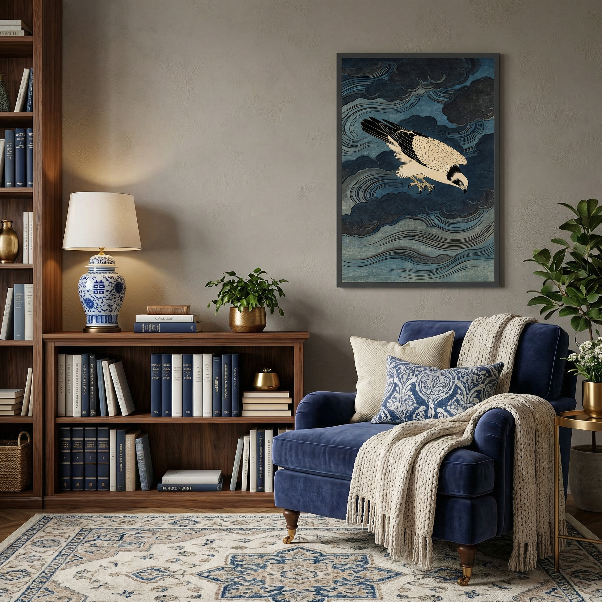 Storm Osprey framed ukiyo-e bird wall art styled in a modern neutral room