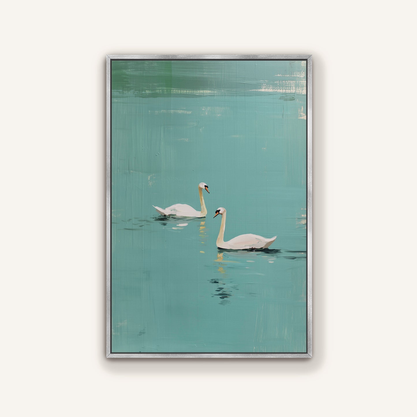 Silver frame modern swan lake canvas wall art, contemporary minimalist turquoise painting for modern homes.