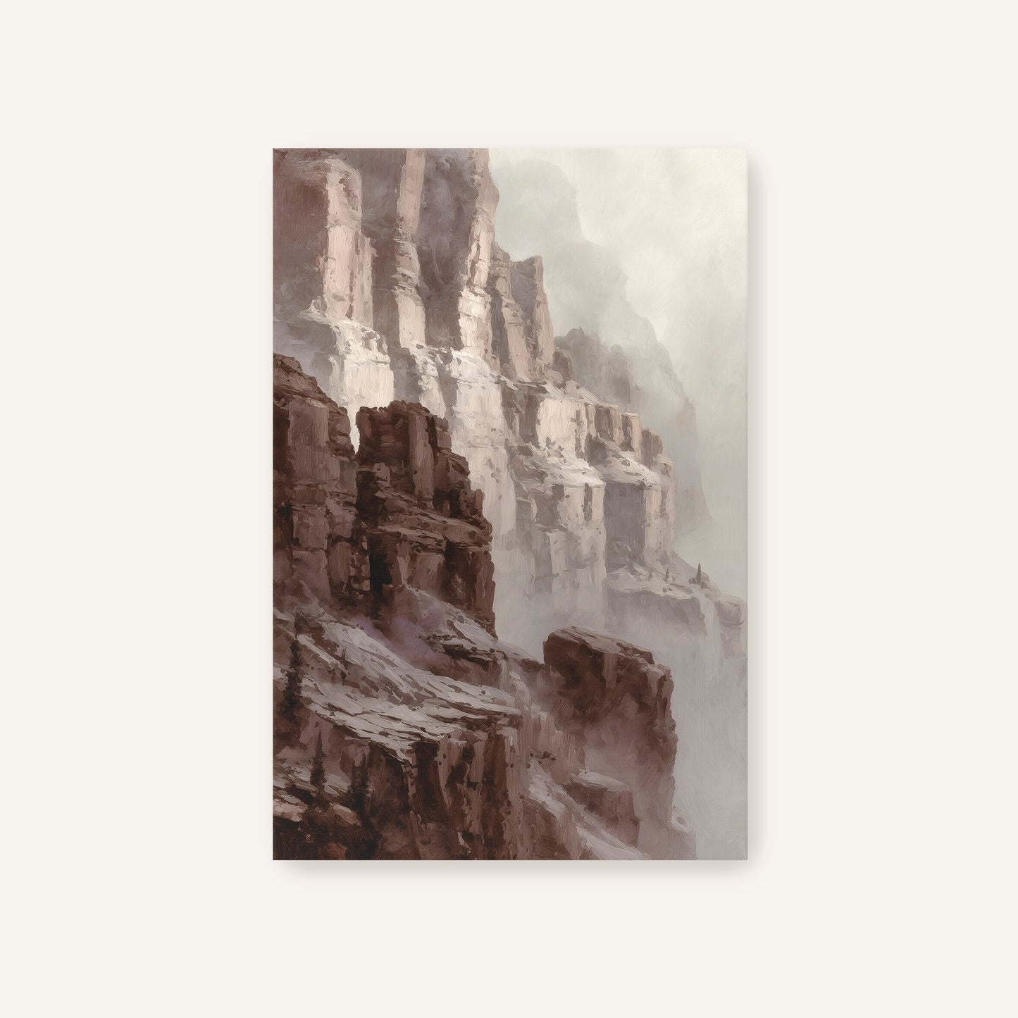 Misty canyon cliff painting in warm sienna and taupe earth tones unframed