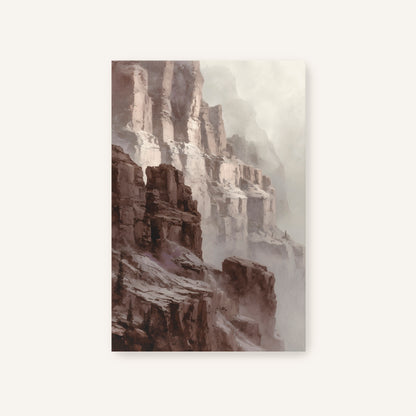 Misty canyon cliff painting in warm sienna and taupe earth tones unframed