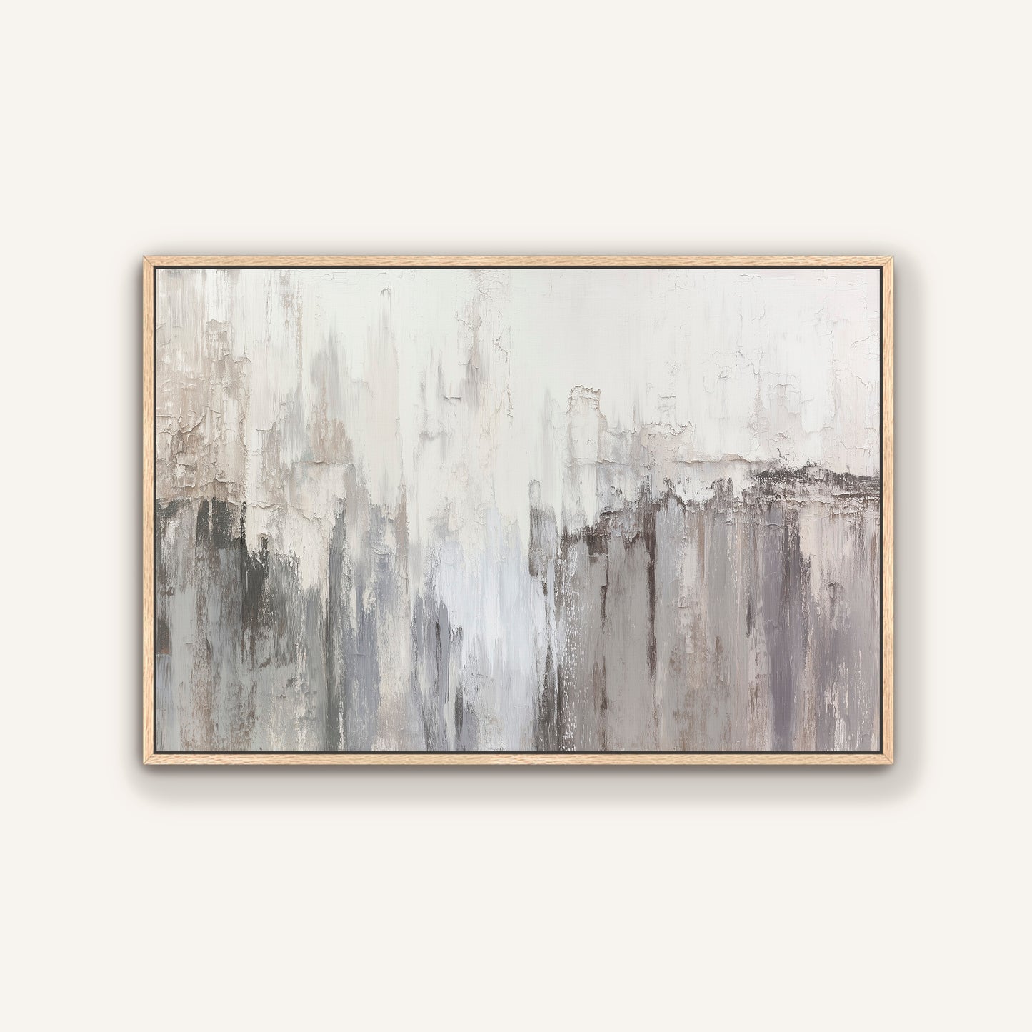 Neutral abstract wall art with natural oak floater frame