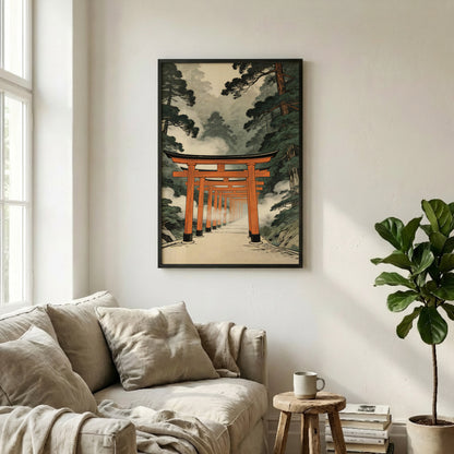 Japanese torii gate framed wall art above neutral sofa