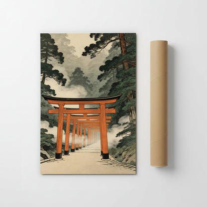 Torii gate art print shown beside shipping tube on clean background