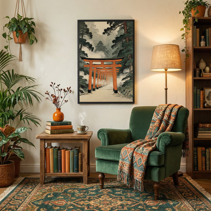Torii gate wall art in cozy reading nook with chair and plants