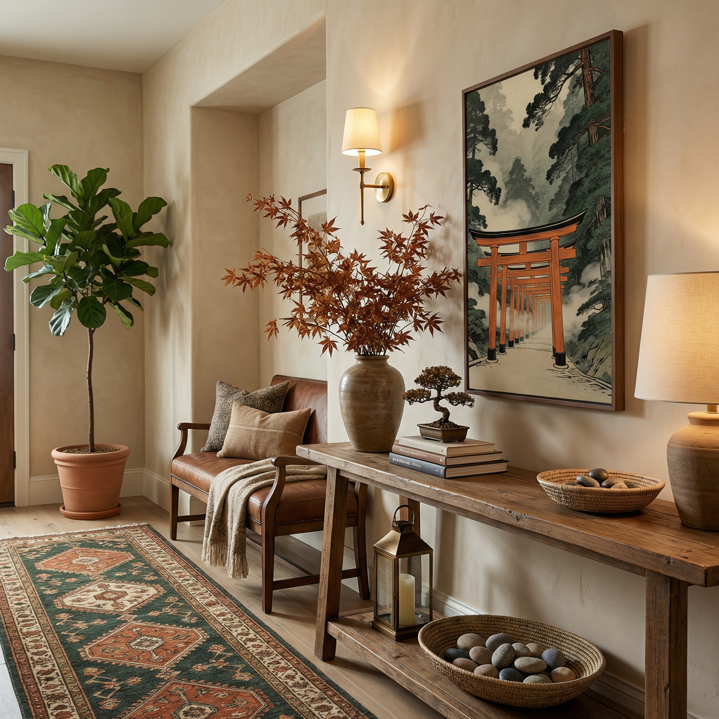 Torii gate framed canvas wall art in warm entryway above console table