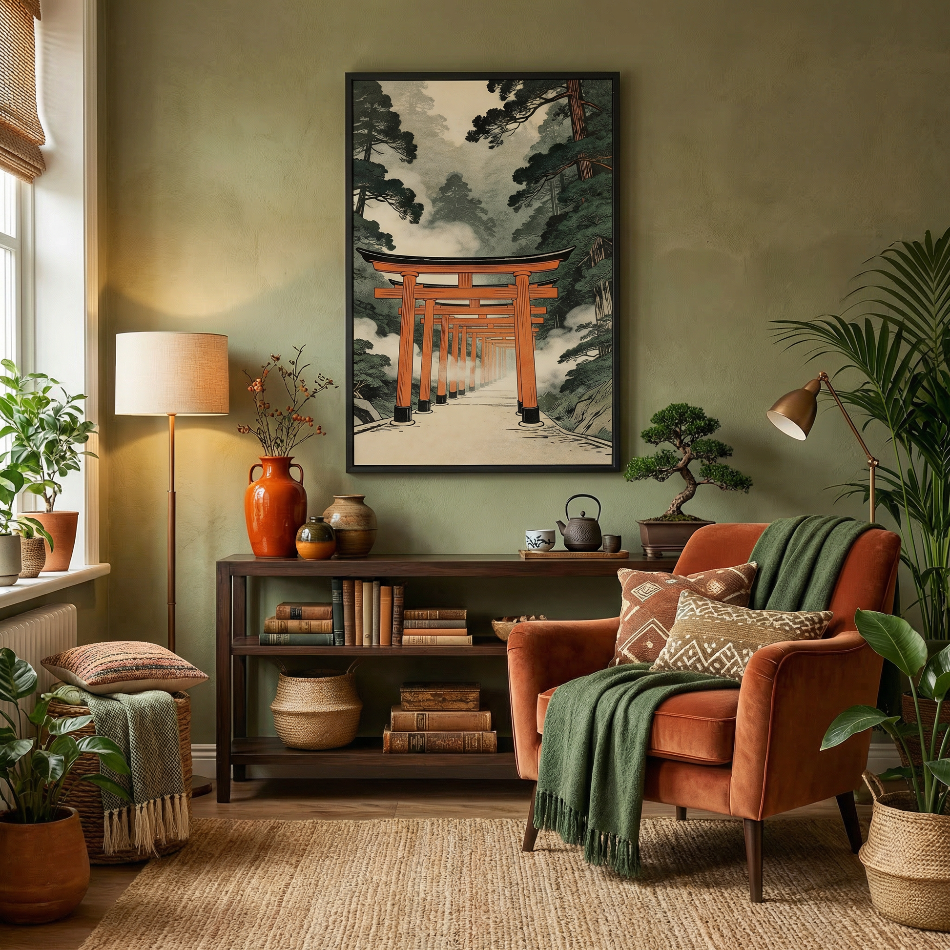 Torii gate wall art in styled living room with green wall and warm decor