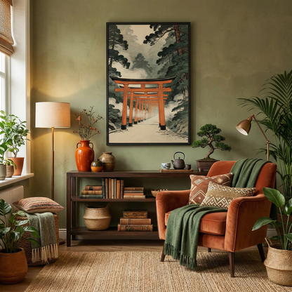 Torii gate wall art in styled living room with green wall and warm decor