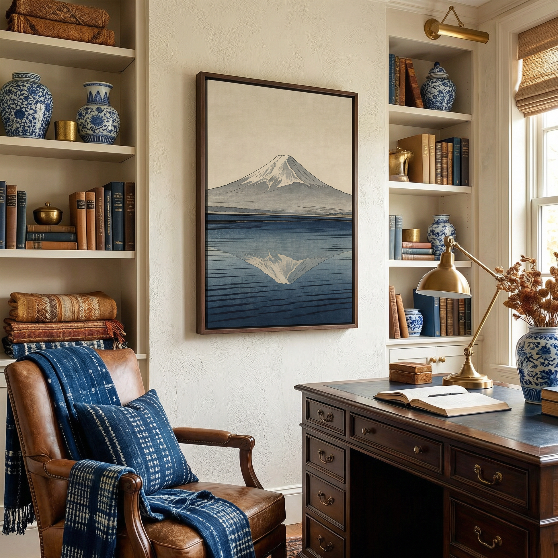 Nestled corner of a room with wall art of Mt Fuji in Japan.