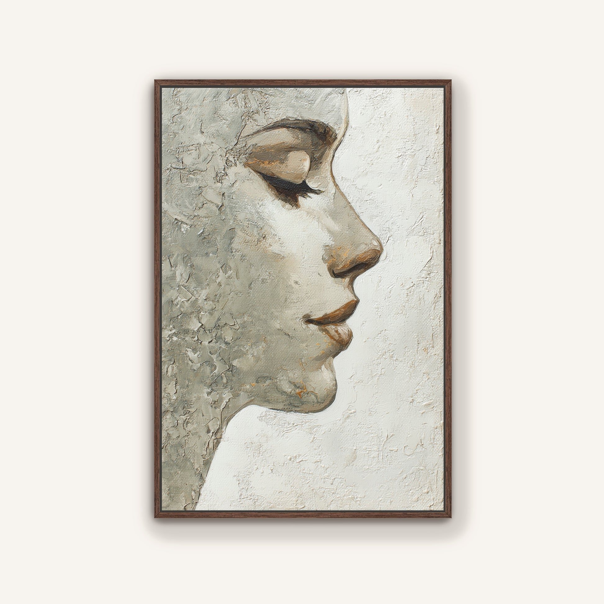 Textured neutral portrait wall art of a woman’s side profile in warm earthy hues with a walnut wood frame.