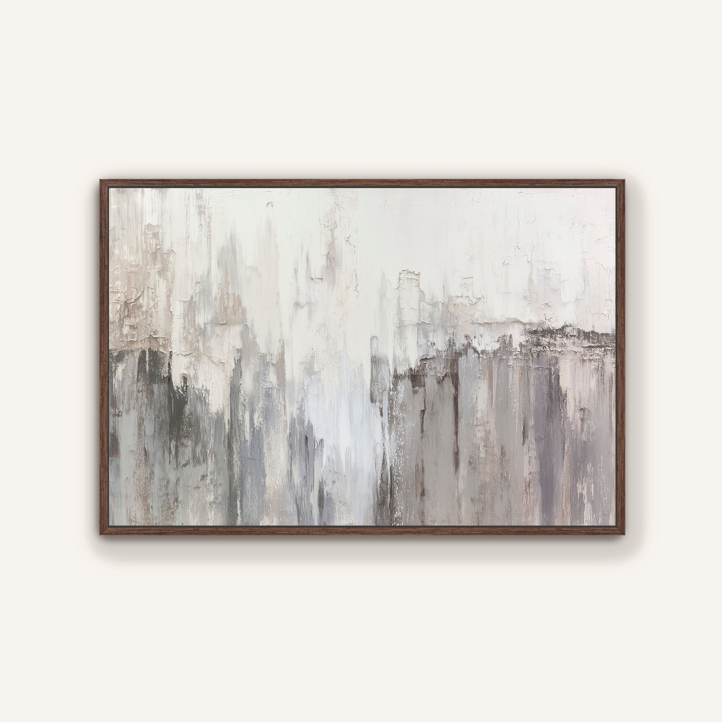 Neutral abstract canvas wall art with espresso floater frame