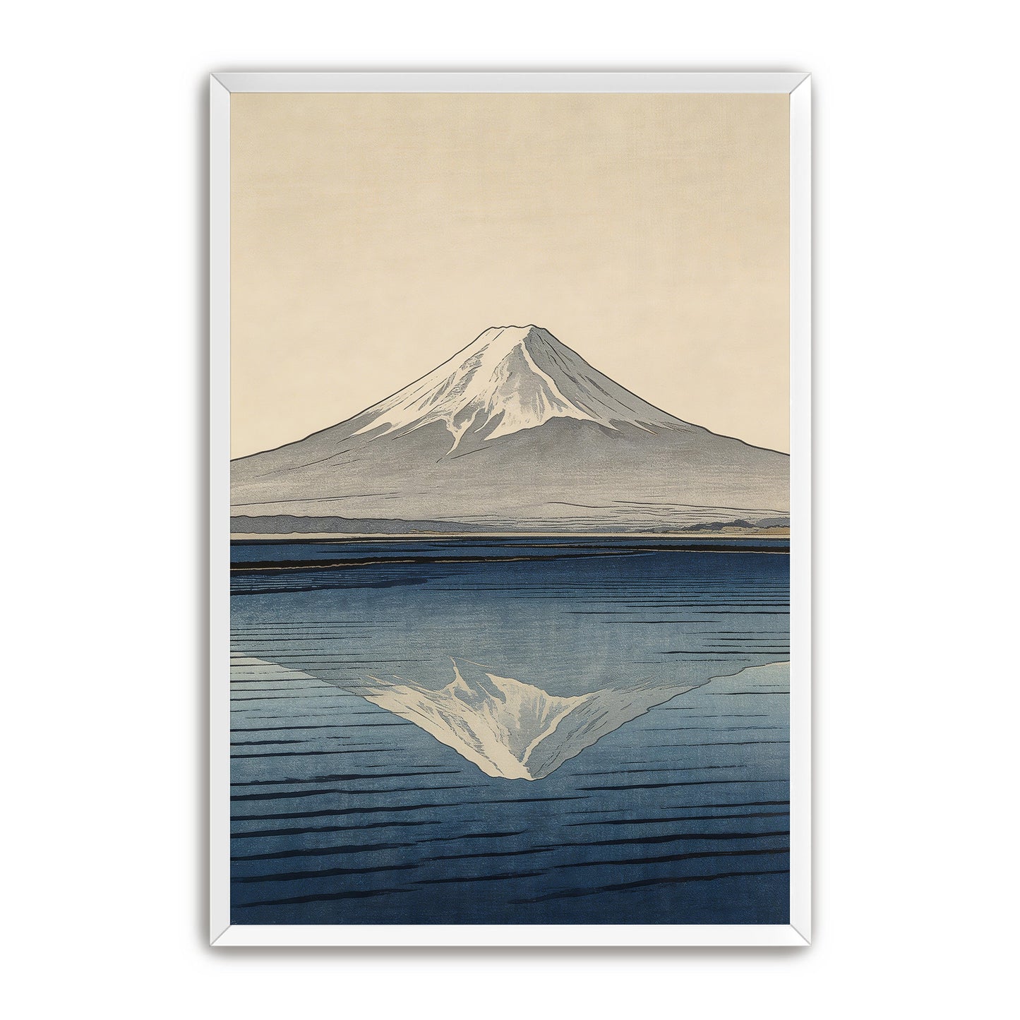 Mount Fuji reflection in blue water Japanese woodblock style art print with snow-capped peak and minimalist design