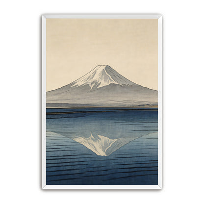 Mount Fuji reflection in blue water Japanese woodblock style art print with snow-capped peak and minimalist design