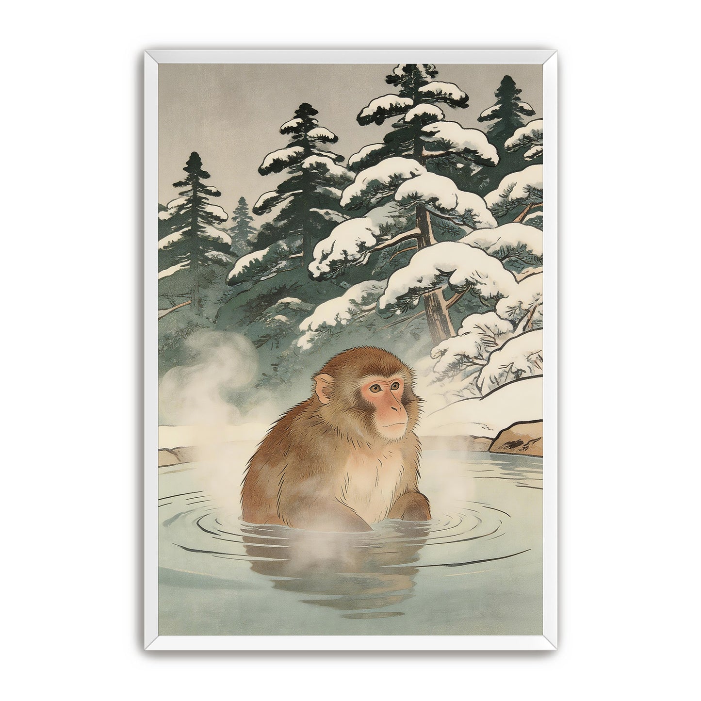 Snow monkey hot spring print shown in white frame on clean background