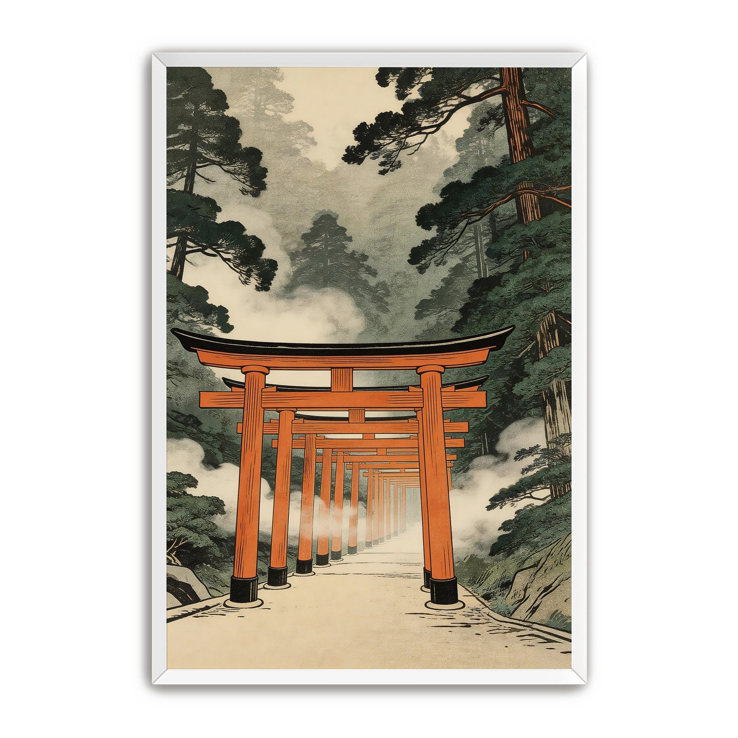 Torii gate print shown in white frame on clean background