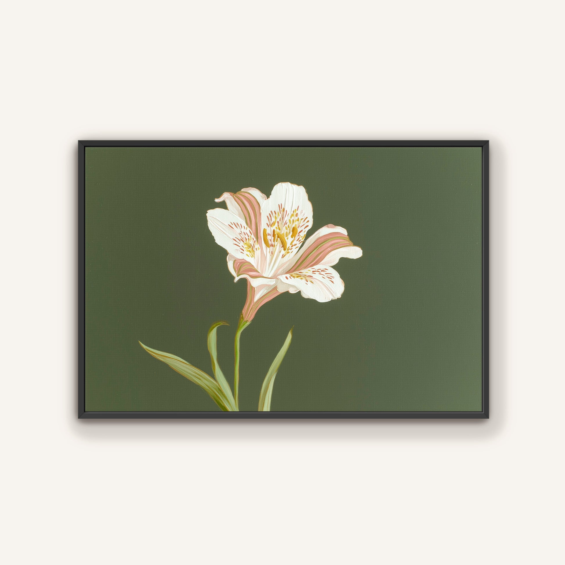Contemporary white lily floral canvas painting in sleek black floating frame