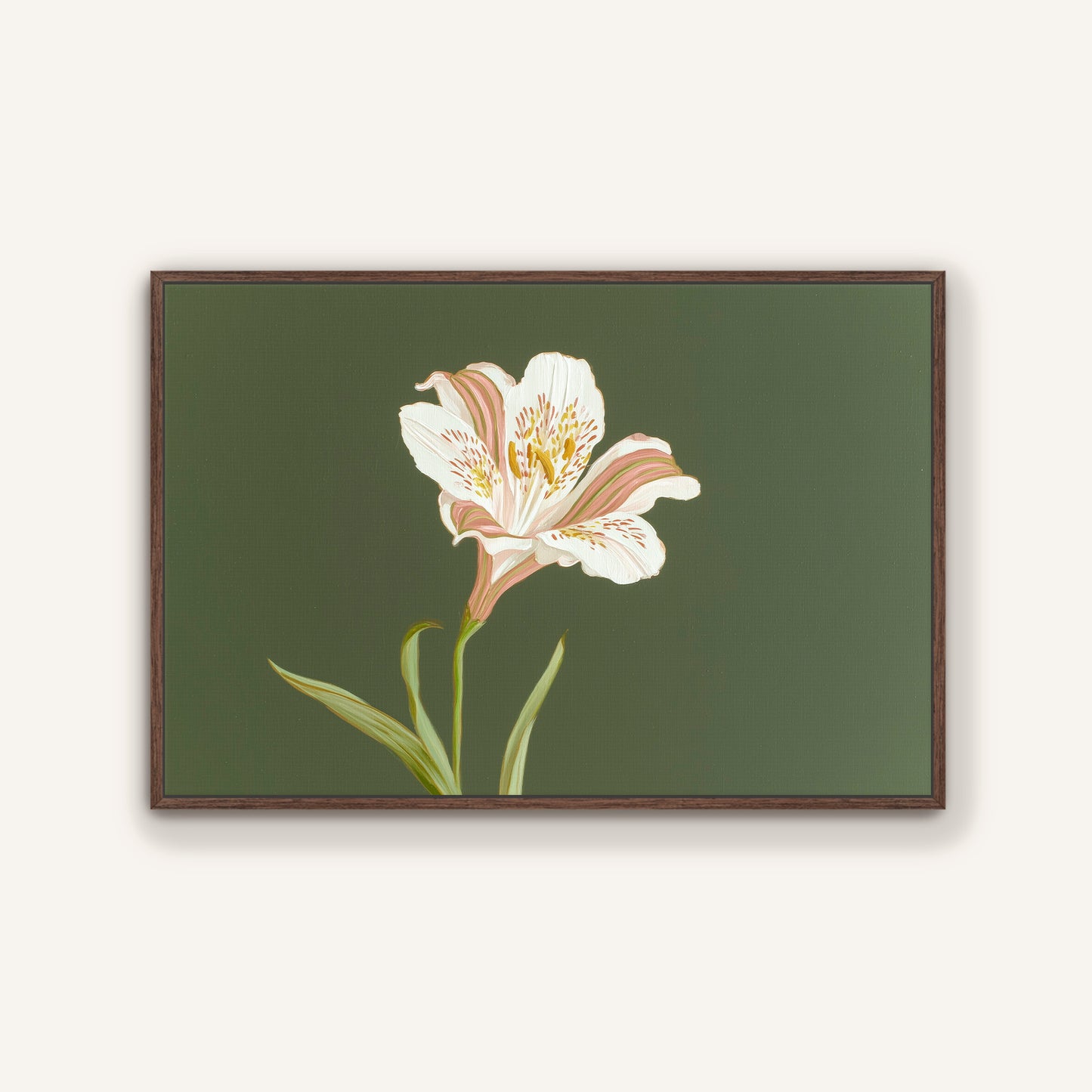 Modern botanical wall art of a white lily on green background in a dark espresso tone wood floating frame