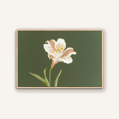 White lily botanical canvas painting in natural oak floating frame against a neutral wall