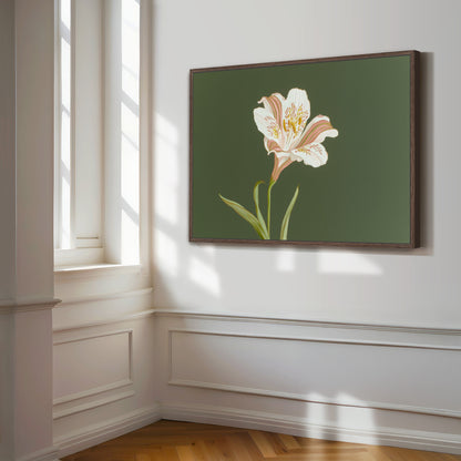 White lily flower botanical canvas wall art in dark espresso wood floating frame in entryway.