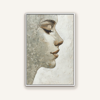 Contemporary portrait wall art of a woman’s profile in soft beige and grey texture with a white frame.