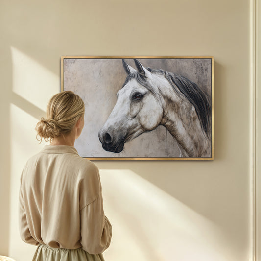 Woman admiring regal horse portrait canvas in natural frame with neutral background