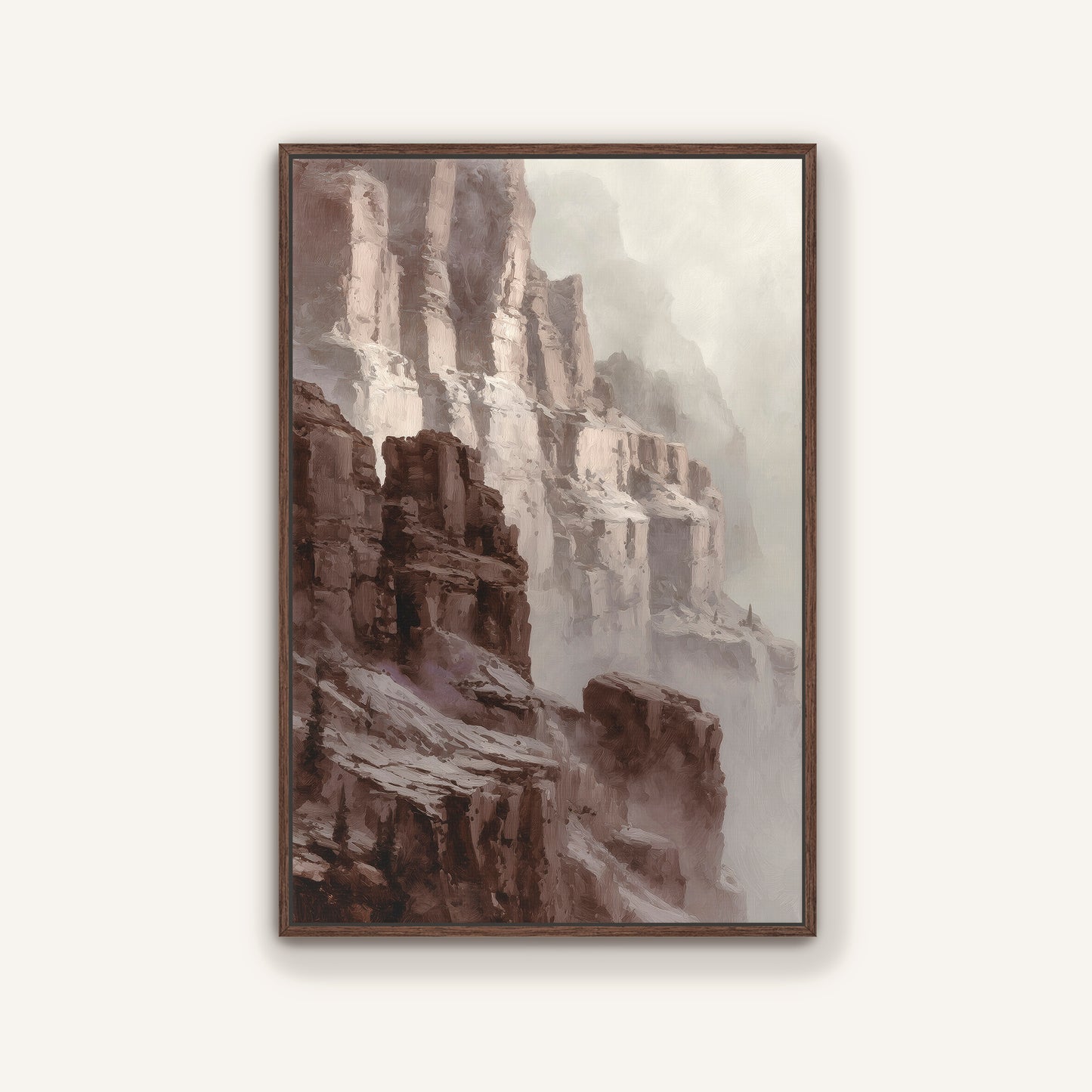 Canyon landscape painting in warm earthy tones with a rustic espresso frame.