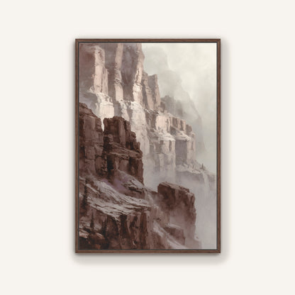 Canyon landscape painting in warm earthy tones with a rustic espresso frame.