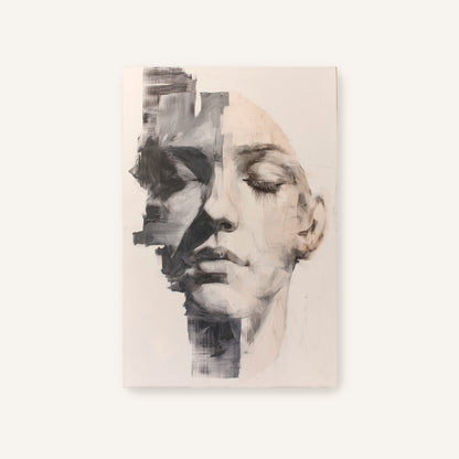 Unframed abstract portrait painting with muted blush and charcoal brushstrokes, large canvas leaning against wall.